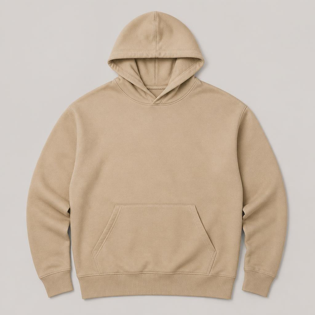 Hoodie i färgen sand, framsida